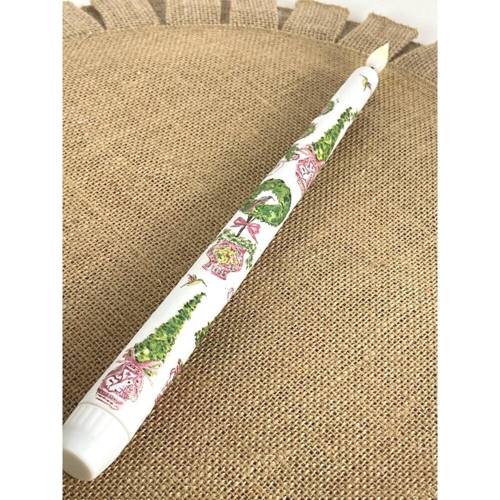 Set of 2 Topiary Pattern Taper Candles Battery Operated Chinoiserie Style